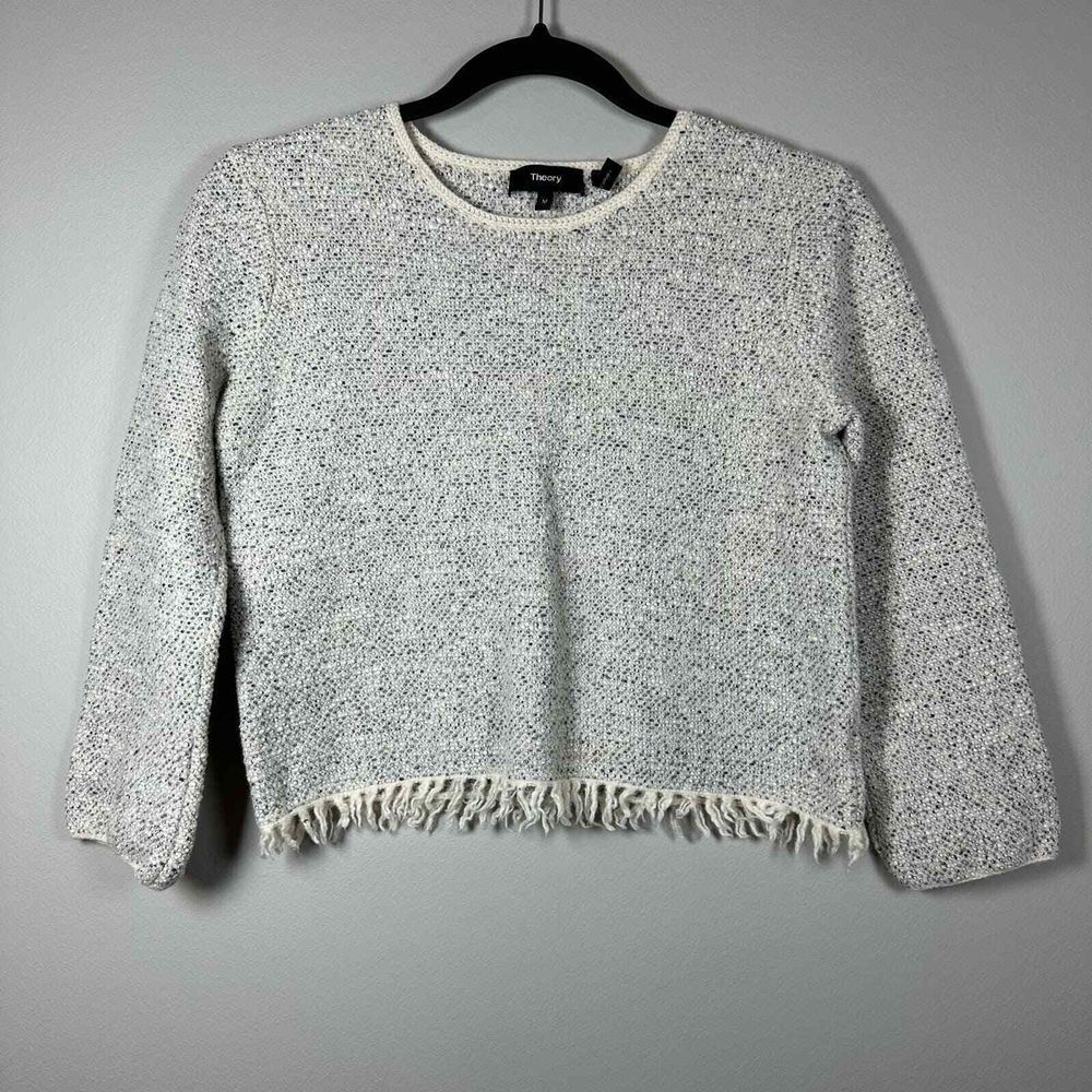 Theory Medium Gray Cream Tweed Fringe Cropped Sweater